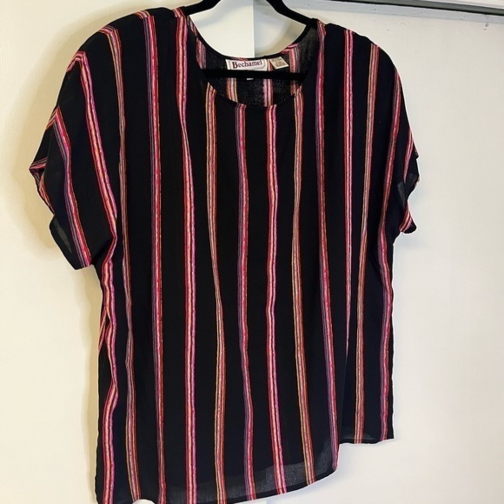 Vintage 80s Bechamel Semi Sheer Black Multicolor Striped Short Sleeve Top